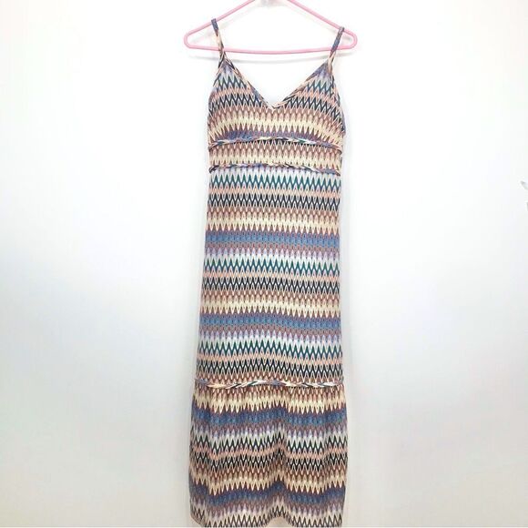 Versona Tan Cream Blue Zigzag Spaghetti Strap Halter Dress NEW - Picture 1 of 16